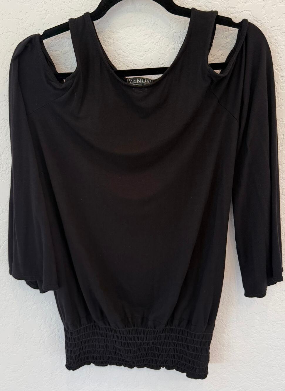 Venus Womens Small Black Cold Shoulder Bell Sleeve Smocked Waist Boho Blouse